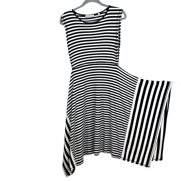 Patrizia Luca Stripe Midi Dress Stretch Striped Asymmetric Hem Sleeveless Sz S - Picture 4 of 7